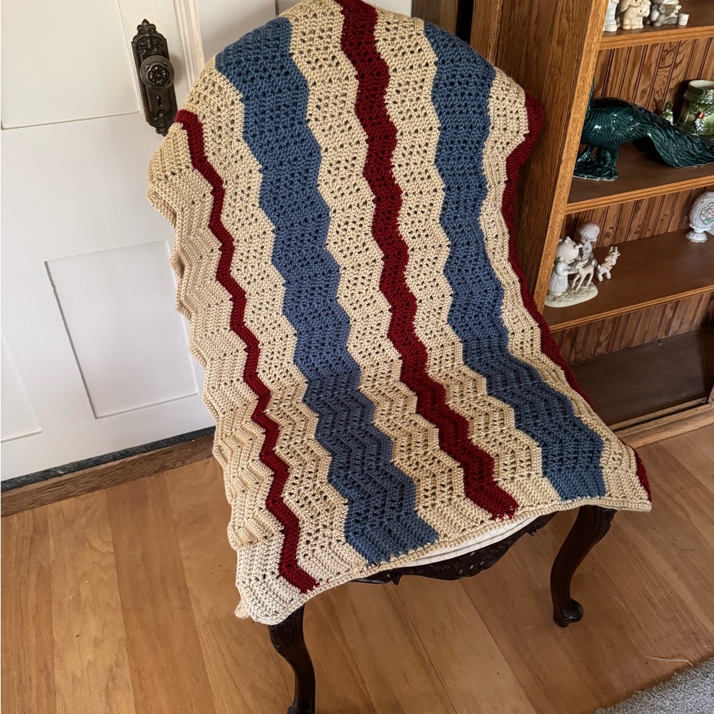 Handmade Afghan Blanket in Red, Blue, and Cream